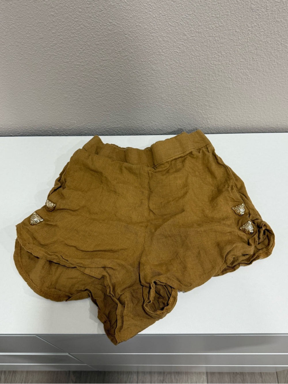High-Waist Brown Linen Blend Shorts with Side Button Detail
